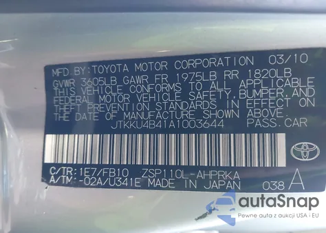 2010 Scion Xd from USA, damaged, VIN JTKKU4B41A1003644